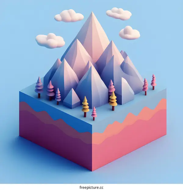 Low Poly Mountains With Clouds and Trees