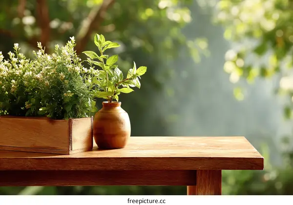 Wooden Table Top with Plants and Blurred Garden Background