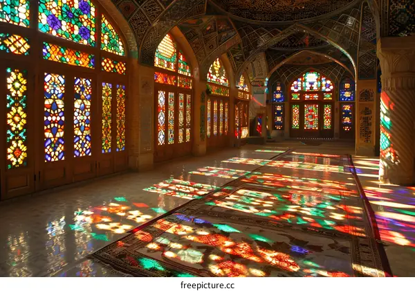 Stained glass windows and colorful reflections on the floor of Nasir ol Molk Mosque