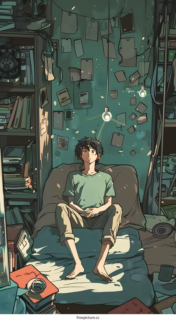 Young Man Sitting on Bed in Messy Room