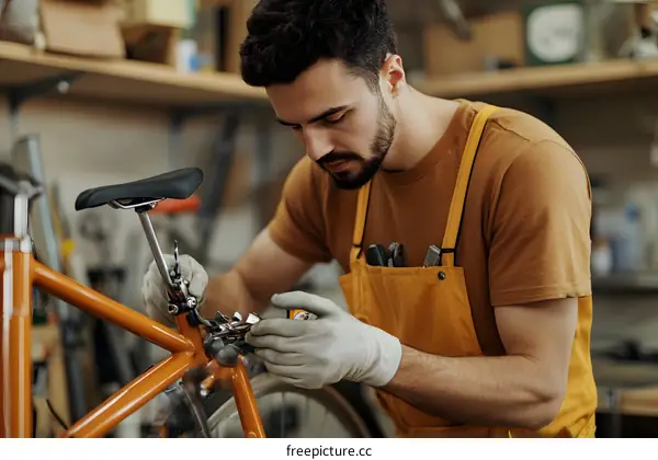 Man Fixing Bicycle in Workshop