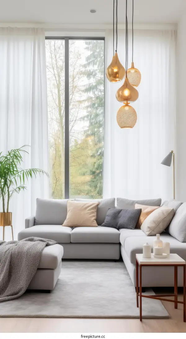 Modern Living Room with Large Windows and Gray Sectional Sofa