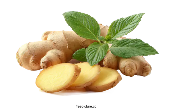 [Transparent Background PNG]Fresh Ginger Root with Mint Leaves
