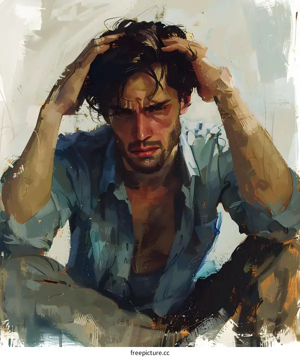 A man sits there, grabbing his head with his hands, looking very frustrated