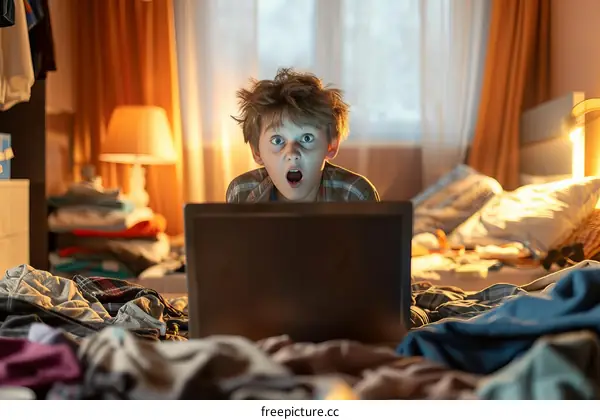 A boy is looking at his laptop in a messy room
