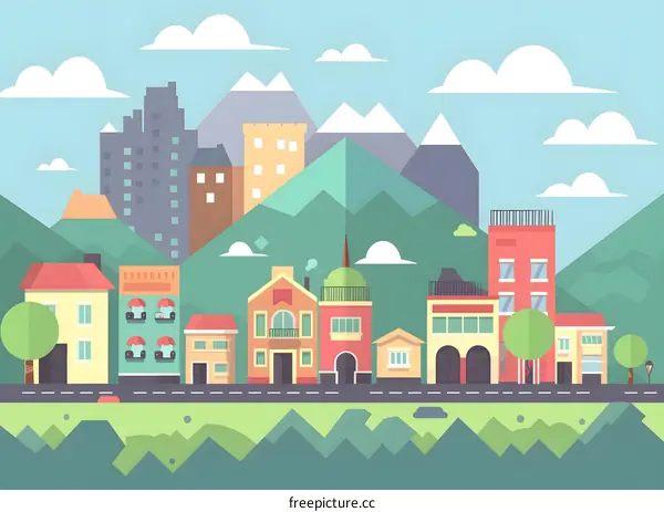 Cartoon Cityscape With Buildings In A Mountain Background