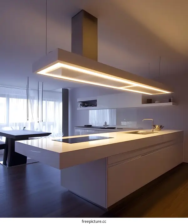 Modern Kitchen Interior Design with White Cabinets and Pendant Lights