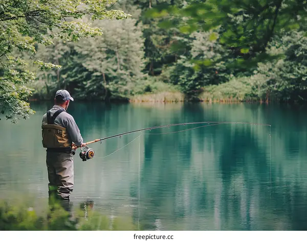 Man Fishing in a Forest Lake
