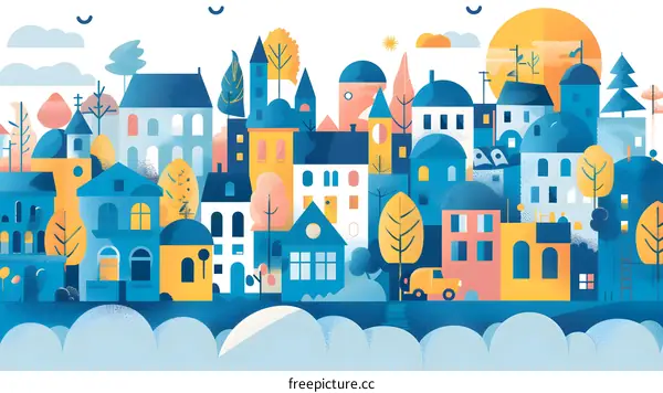 Colorful Illustration of a Cityscape with Buildings and Trees