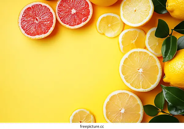 Fresh Sliced Lemons and Grapefruits on Yellow Background
