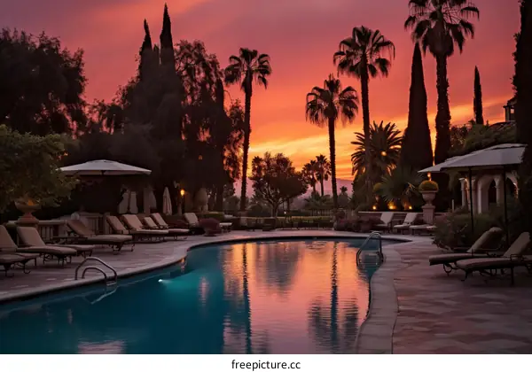 Sunset Paradise: Palm Trees and a Sparkling Pool