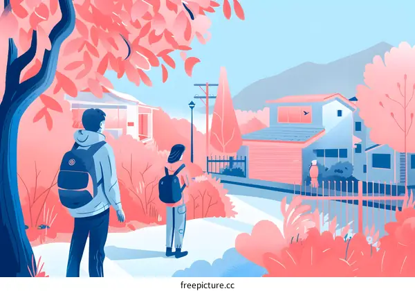 Couple Walking Through Residential Neighborhood with Backpacks