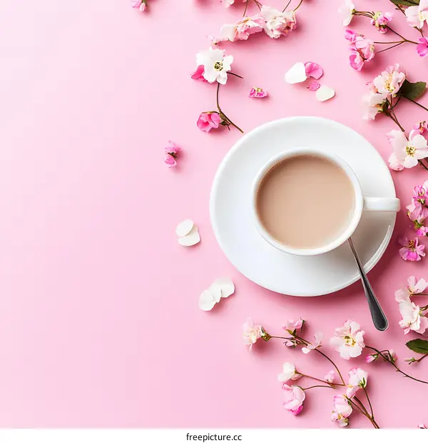 Cup of Coffee With Pink Flowers on Pink Background
