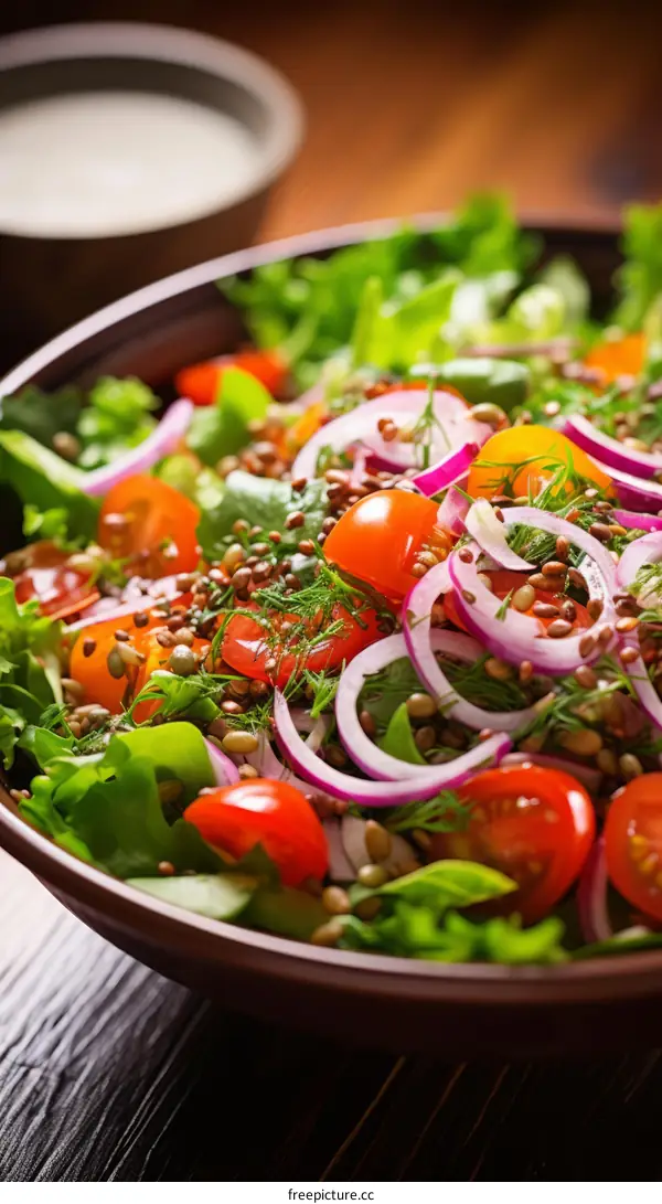 Lentil salad with cherry tomatoes, red onion and dill