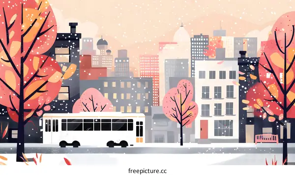 Snowy Day Cityscape with Bus