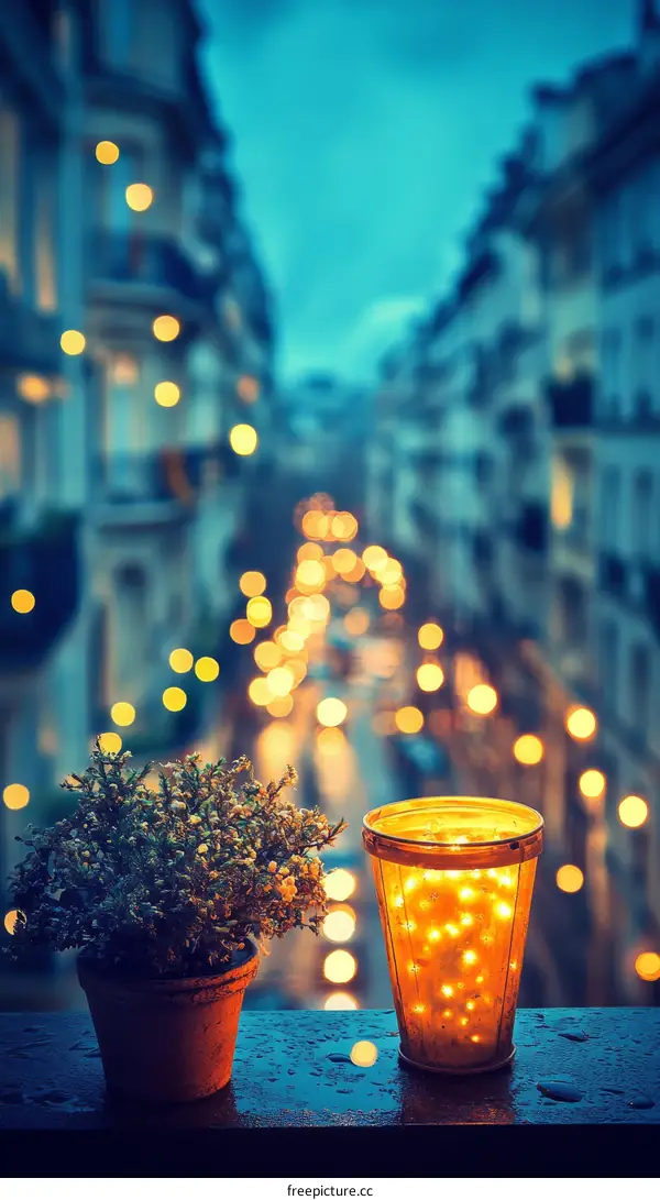 Romantic Parisian Balcony at Night with Warm Lights