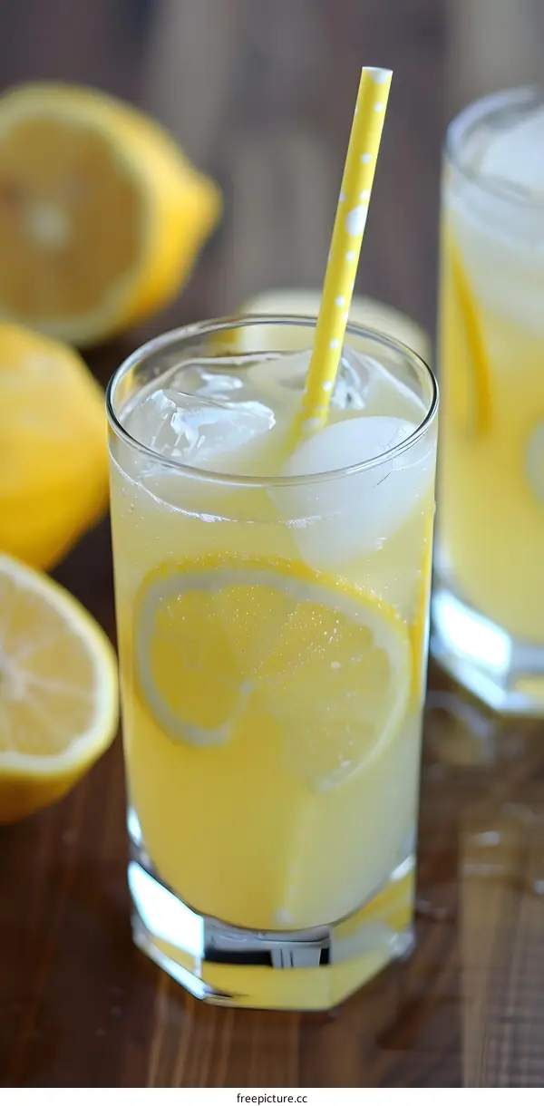 Close Up of Lemonade in a Glass with a Straw