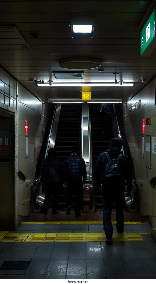 People Walking on Escalator in Subway Station