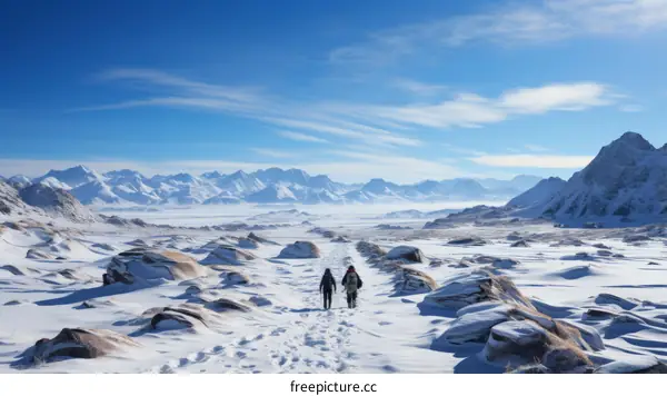 Two people walking through a snowy mountain landscape
