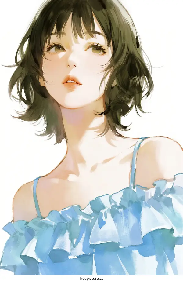 A Young Woman with Short Hair in a Blue Ruffled Top