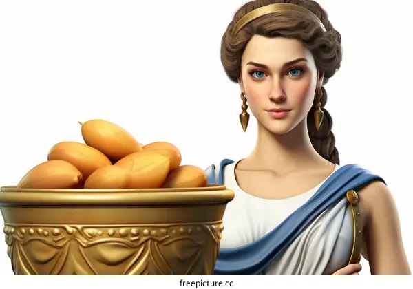 A beautiful Greek goddess holds a cornucopia of nuts