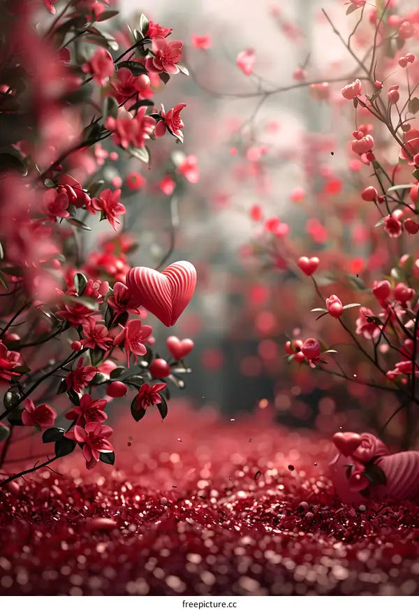 A pink heart floating in a cherry blossom forest