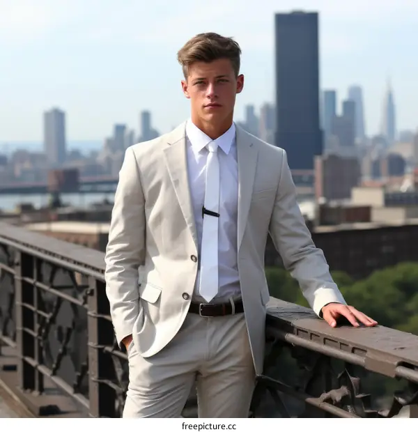 Young man in a suit standing on a bridge with the city in the background