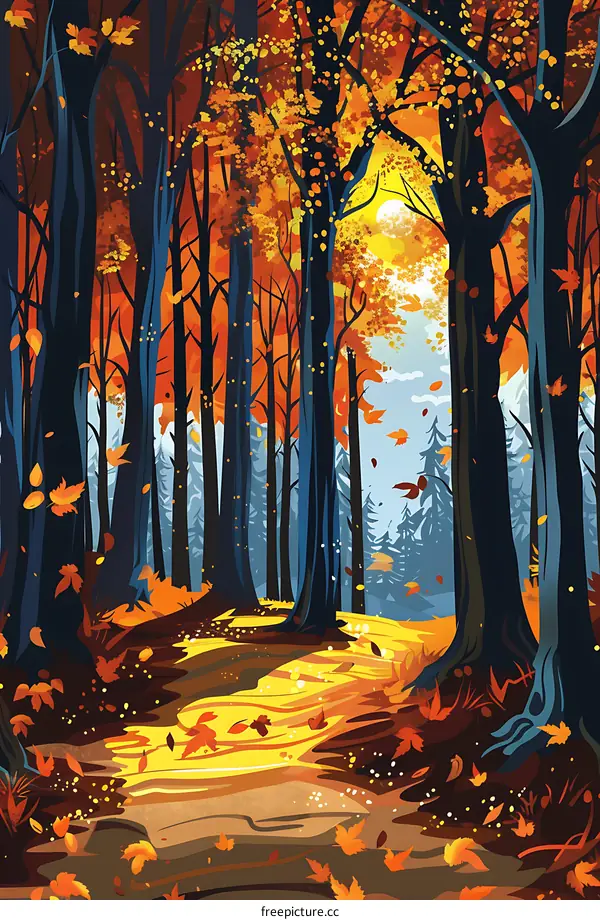 Autumn Forest Pathway With Falling Leaves