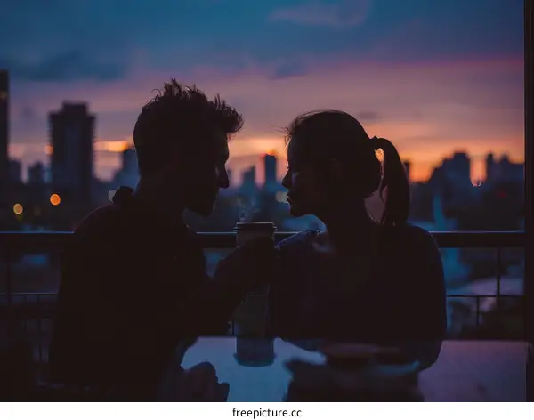 A couple is drinking coffee and talking on a rooftop at sunset.