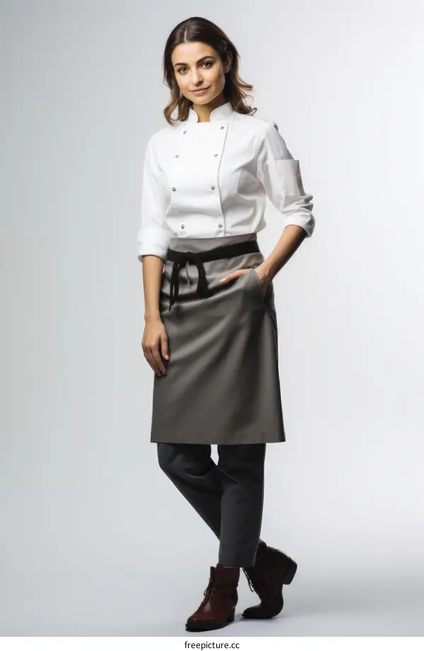 Young attractive female chef in white uniform and apron