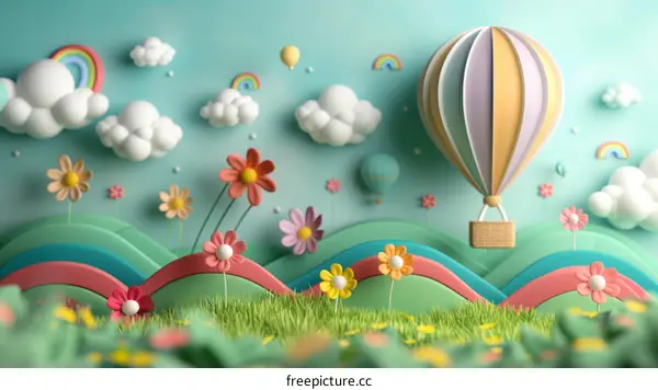 A whimsical 3D landscape with a hot air balloon, flowers, and rainbows