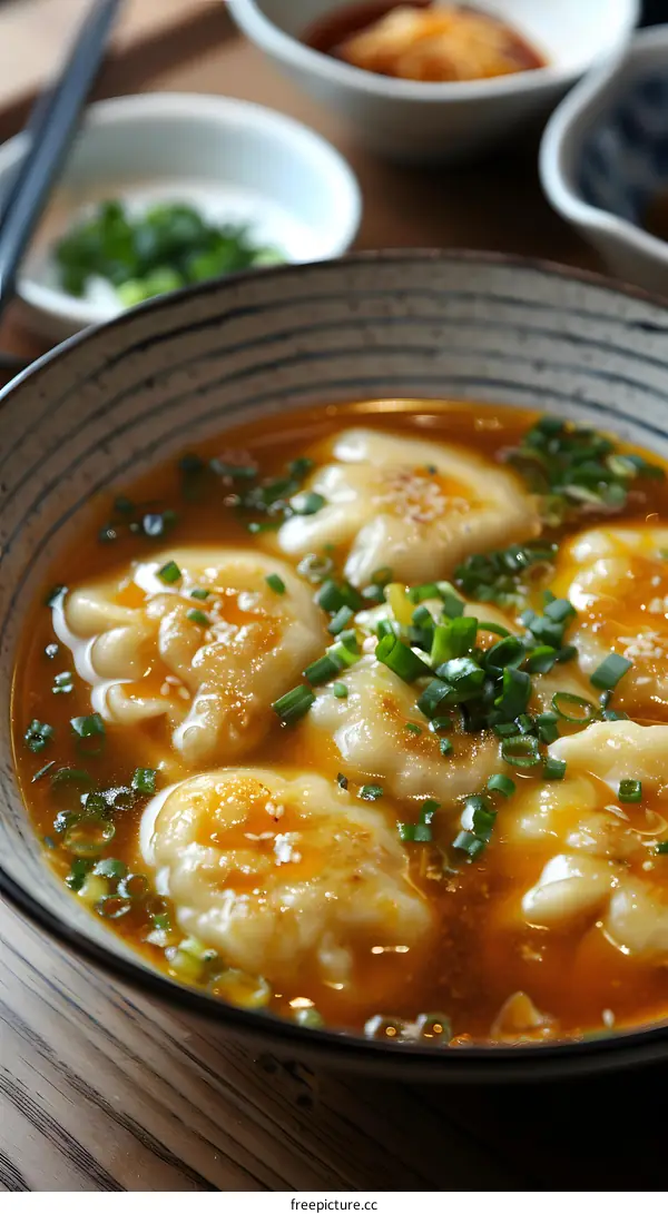 Chinese traditional food dumplings in spicy soup with chopsticks on the side