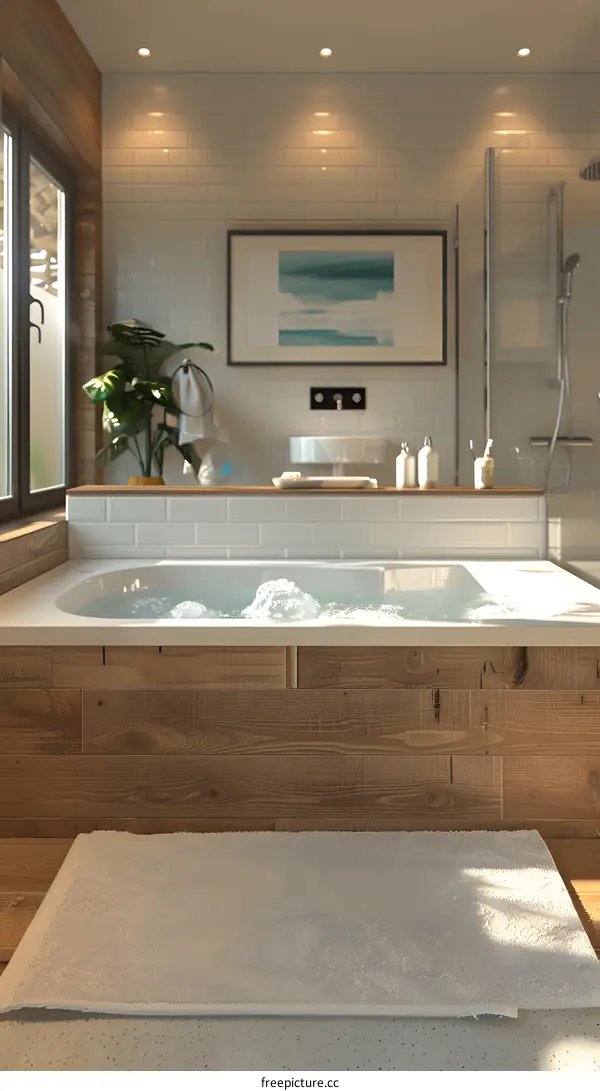 Taking a bubble bath in wooden bathtub