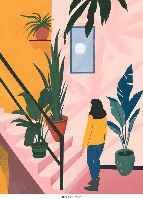 Woman Walking Up Stairs in a House with Plants