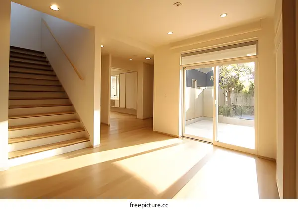 Modern Interior Design with Wooden Stairs and Sliding Glass Door