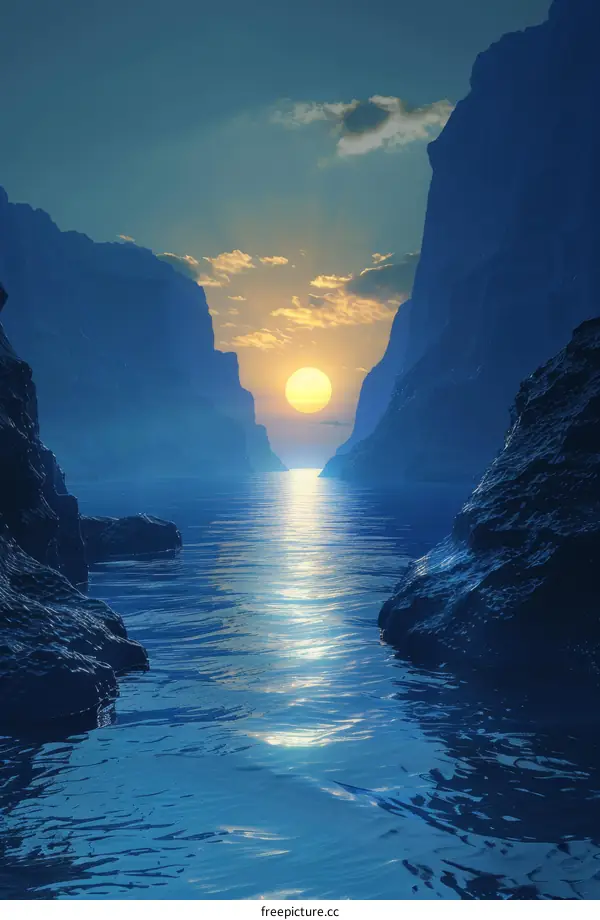 Sunset Illuminates Fjord Water with Rocky Cliffs