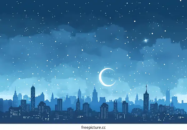 Night Sky Over Cityscape With Crescent Moon and Stars