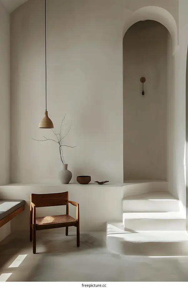 Minimalist Interior Design with Wooden Chair and White Walls