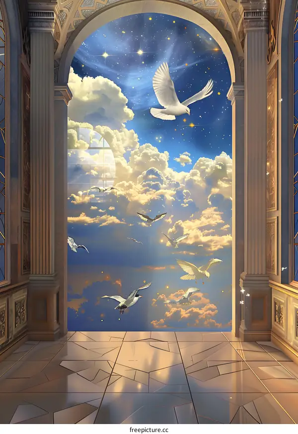 Archway to the Sky with Flying Birds and Stars