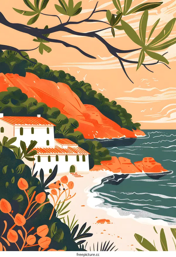 Coastal Cottage Landscape Illustration