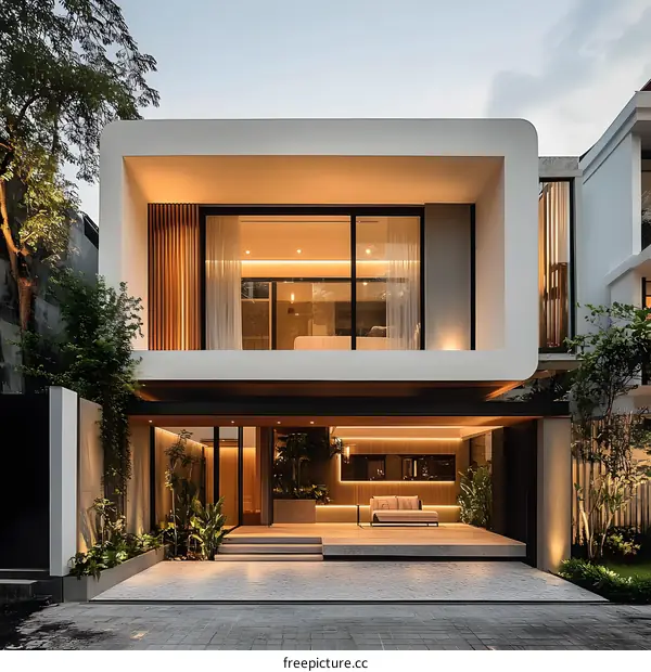 Modern Minimalist Architecture Home With Large Windows And Lush Greenery