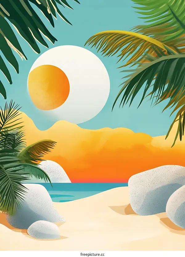 Tropical Beach Illustration with Palm Trees and Sun