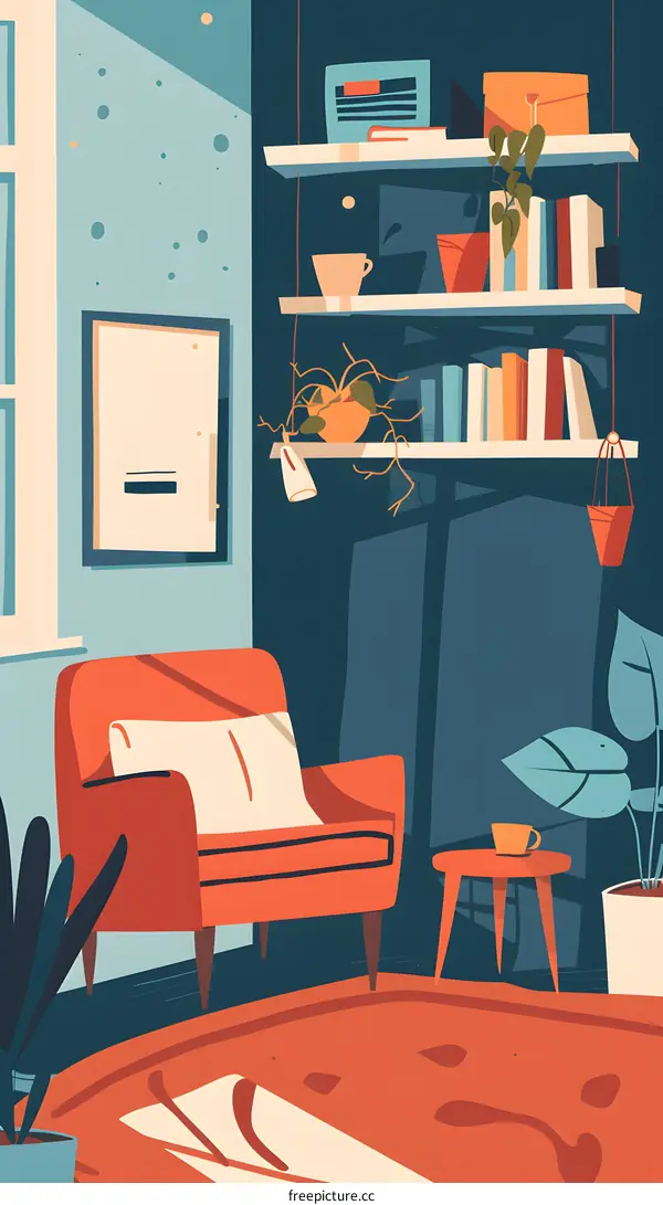 Cozy Living Room Interior Design Illustration with Red Armchair and Bookshelves