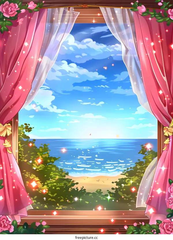 Sea View Through Window with Pink Curtains