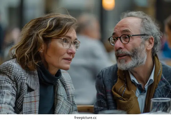 A man and a woman are having a conversation in a restaurant.