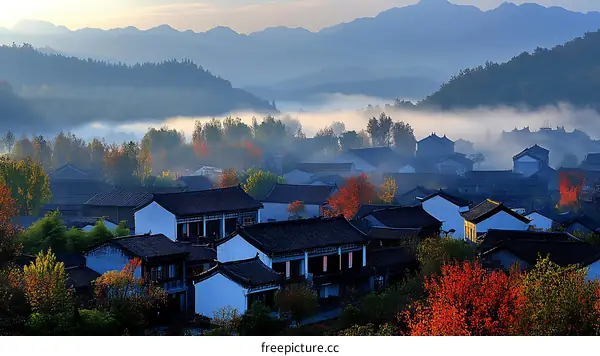 Autumn Mist Over a Mountain Village