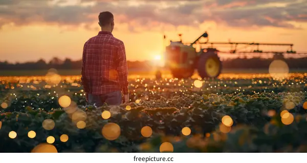 Lonely farmer standing in golden field at sunset