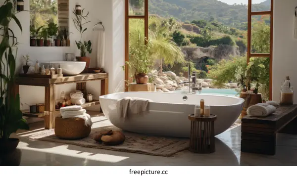 A bathroom with a large bathtub, a view of the jungle, and a lot of plants