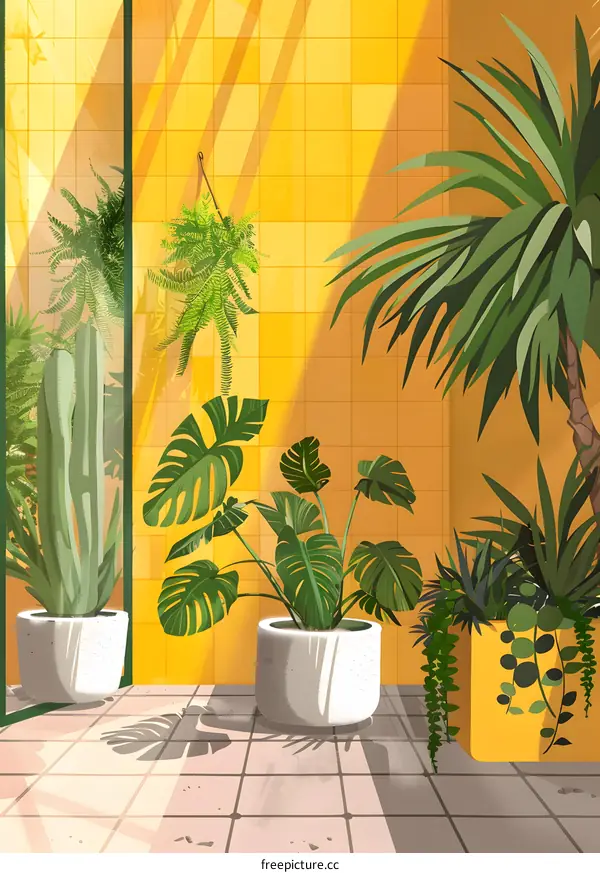 Yellow Wall with Green Plants in Pots