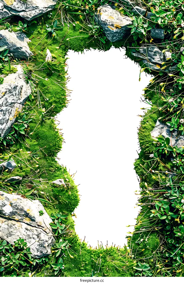 Green Moss and Stone Frame Isolated on White Background